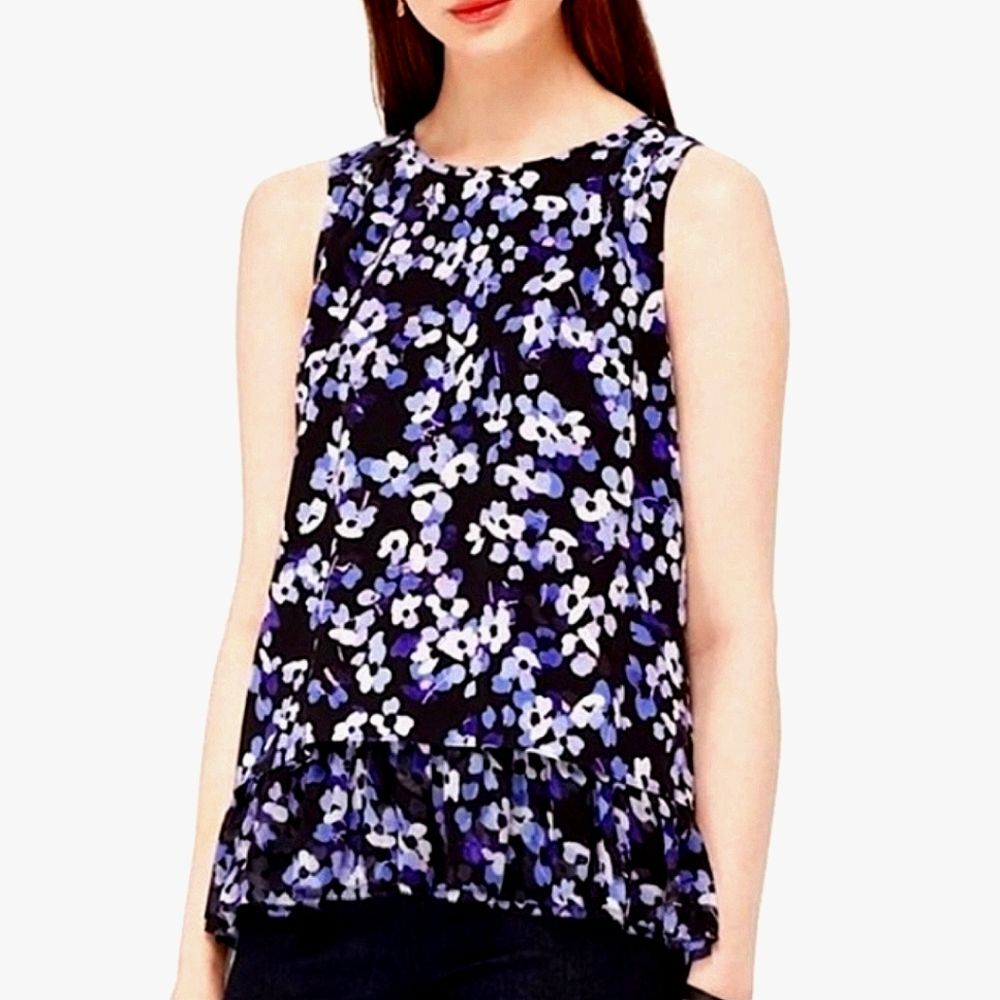 Kate Spade Black Purple Hydrangea Floral Print Layered Ruffle Blouse Top Medium
